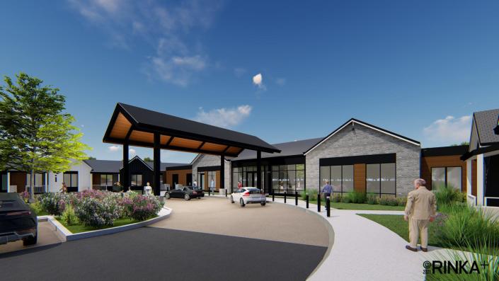 A rendering shows the main entry at The Woods, a new senior living community under construction in Greenfield. The 120-unit development at 11800 W. Edgerton Ave. will feature a &quot;post COVID-19 design&quot; and is scheduled to open in early spring 2023.