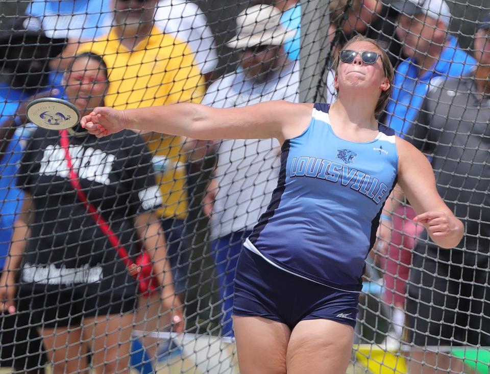 Louisville's Sloane Sypolt compete in the discus event at last year's OHSAA State Track and Field Championships.