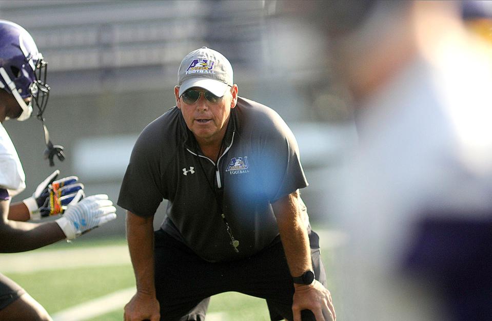 Ashland University Head Coach Lee Owens drills his team during the first practice session for the Eagles Thursday August 11,2022  Steve Stokes/for Ashland Times-Gazette