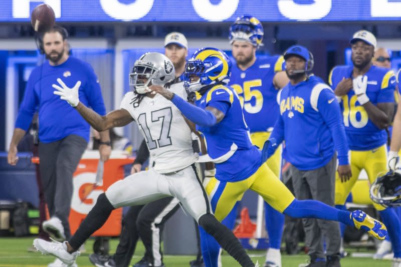 Las Vegas Raiders star Davante Adams (L) is my No. 6 fantasy football wide receiver for 2023. File Photo by Mike Goulding/UPI