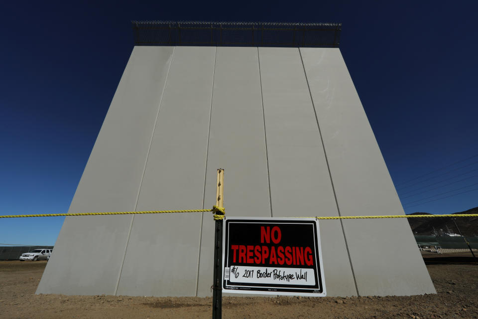 <p>One of President Donald Trump’s eight border wall prototypes is pictured along U.S.- Mexico border near San Diego, Calif., Oct. 23, 2017. (Photo: Mike Blake/Reuters) </p>