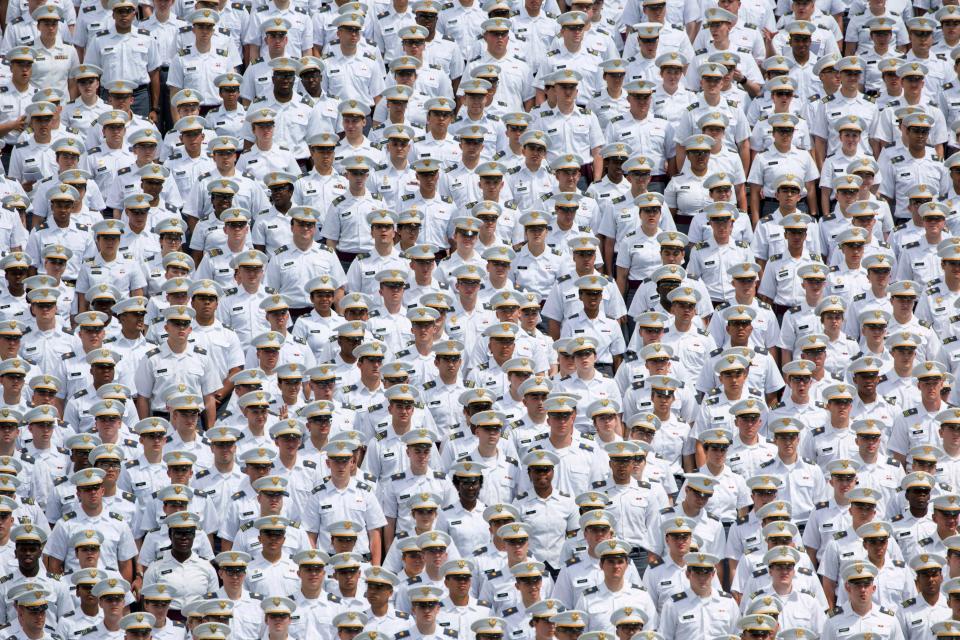West Point cadets listen to Vice President Mike Pence speak during graduation ceremonies at the United States Military Academy, May 25, 2019, in West Point, N.Y.