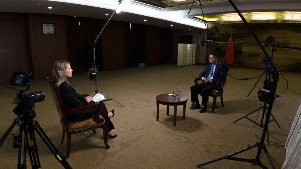 Image: Executive Vice Foreign Minister Le Yucheng being interviewed by NBC News' Janis Mackey Frayer in Beijing. (Fred Dufour / NBC News)