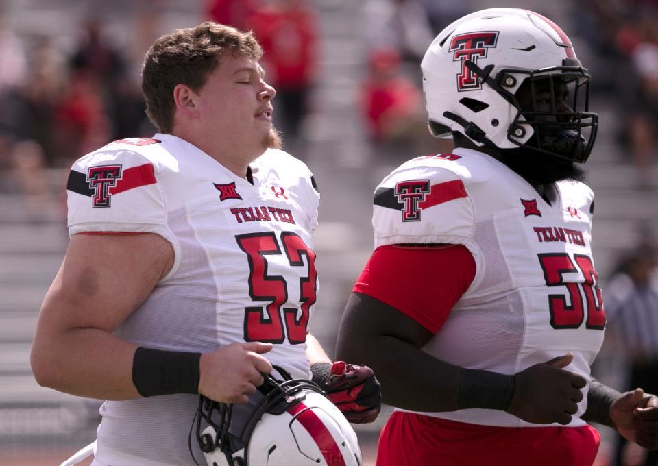 Texas Tech's Rusty Staats (53) jogs off during Spring Game, Saturday, April 22, 2023, at Lowrey Field at PlainsCapital Park. 