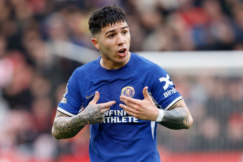 Enzo Fernandez of Chelsea reacts during the Premier League match between Sheffield United and Chelsea FC at Bramall Lane on April 7, 2024 in Sheffield, England.