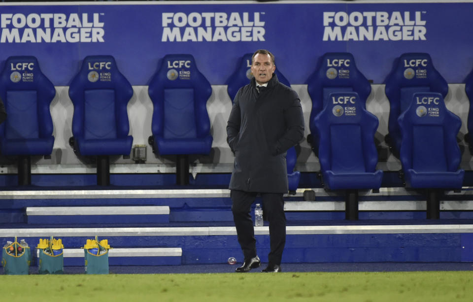 Leicester's manager Brendan Rodgers during the English Premier League soccer match between Leicester City and Chelsea at the King Power Stadium in Leicester, England, Tuesday, Jan. 19, 2021. (AP Photo/Rui Vieira, Pool)