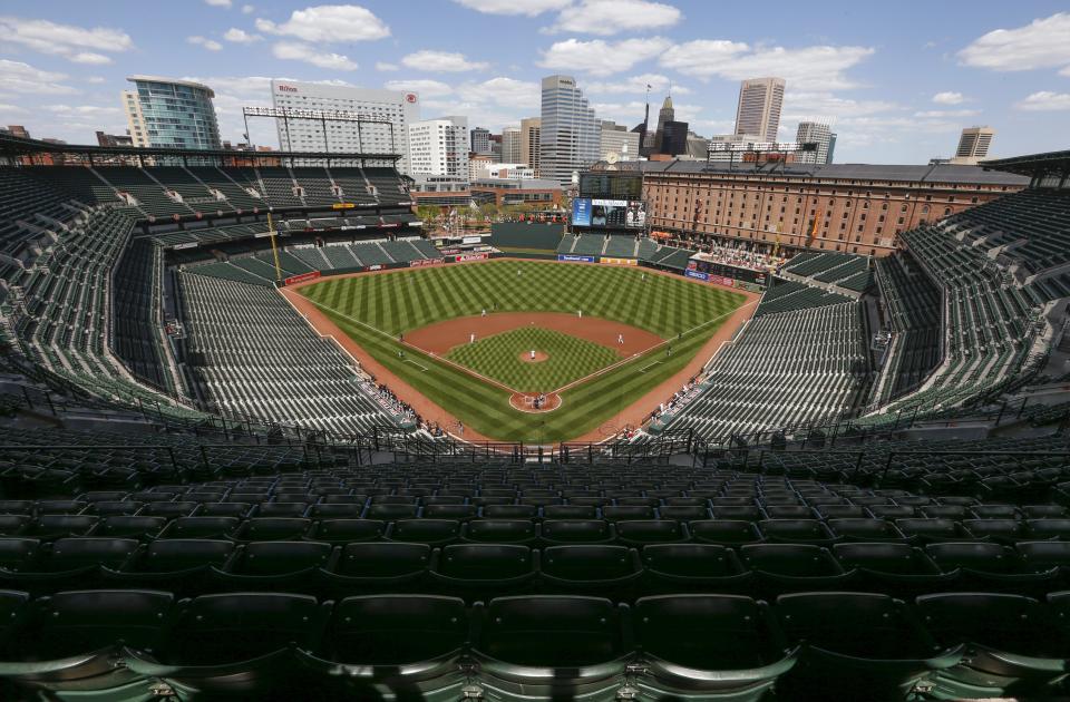 Camden Yards ballpark sits empty of fans during the Baltimore Orioles against Chicago White Sox America League baseball game in Baltimore, Maryland April 29, 2015. In what will be a first for Major League Baseball, the Baltimore Orioles will host the Chicago White Sox on Wednesday in a stadium closed to fans as Baltimore copes with some of the worst U.S. urban rioting in years.REUTERS/Shannon Stapleton TPX IMAGES OF THE DAY