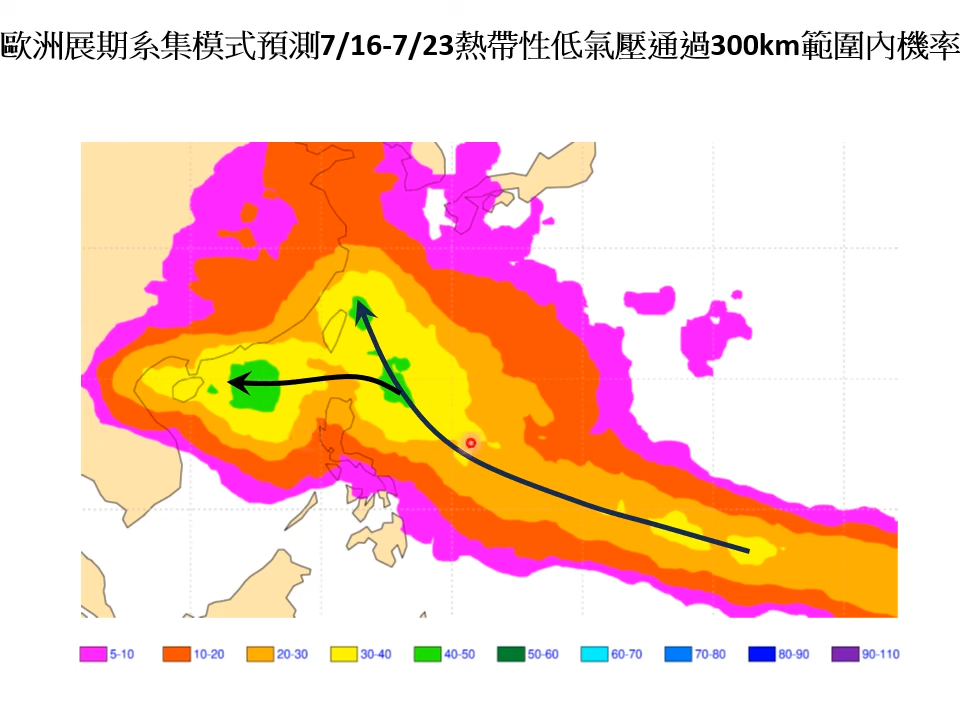 如果生成，約7/16~7/23期間往台灣方向前進，預估有2種路線。（圖／翻攝自賈新興YT）