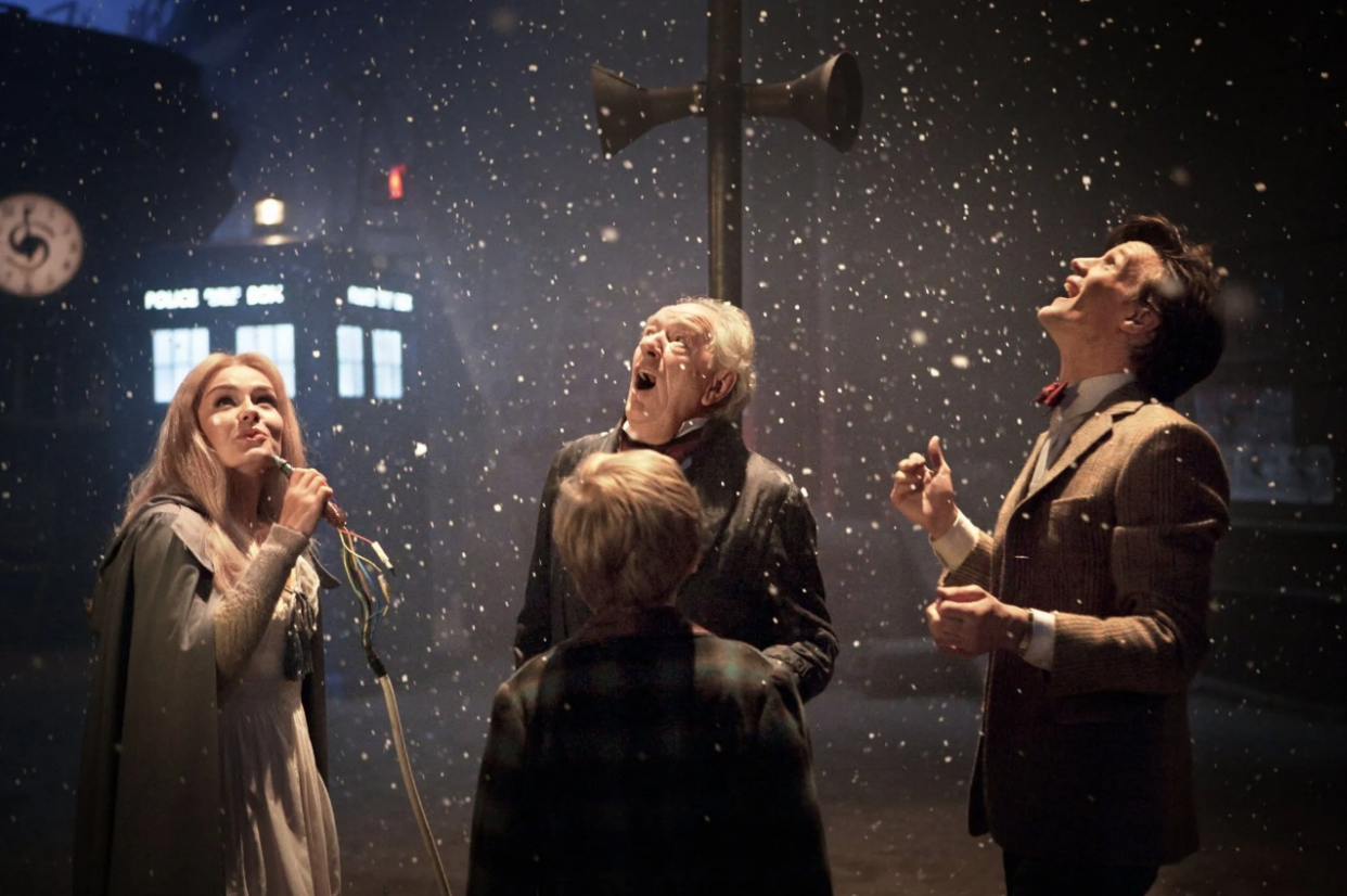 Festive edition of the time-travelling drama. The Doctor has one hour to save a crashing spaceship and a miser's soul - but what lurks in the fog? (BBC)