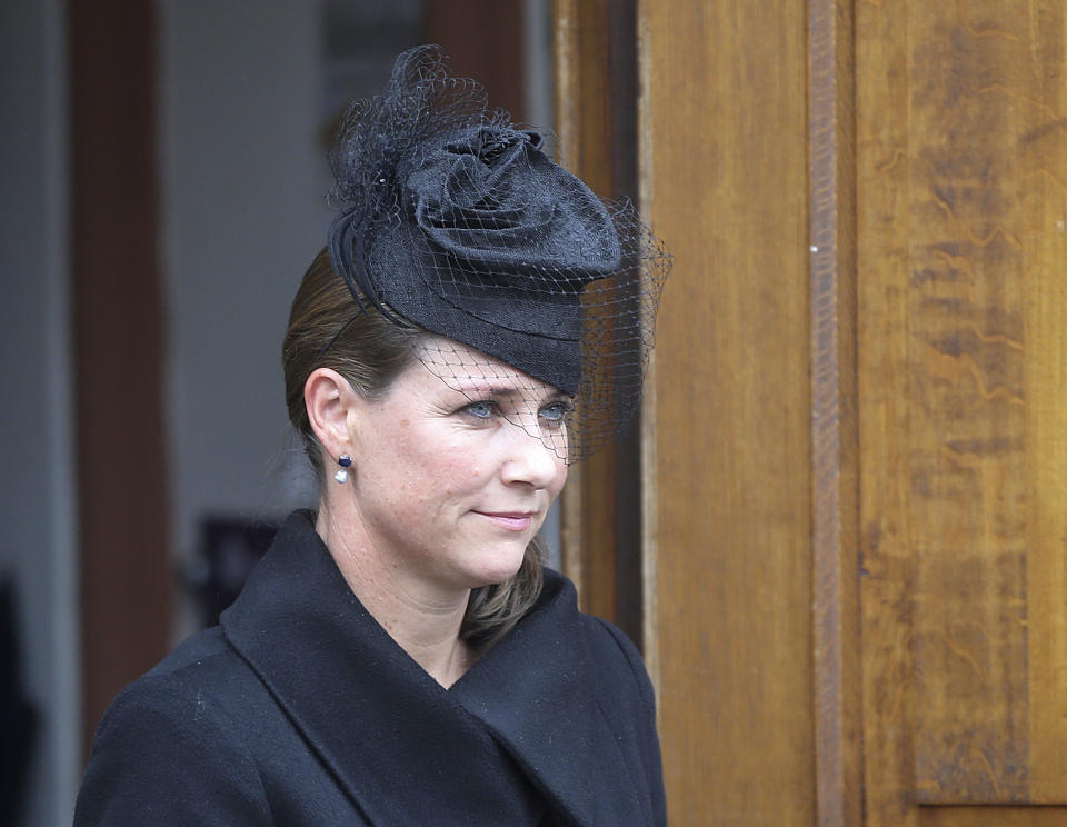 FILE - Princess Martha Louise of Norway leaves the protestant church after a funeral service for the late husband of Princess Benedikte, Prince Richard of Sayn-Wittgenstein-Berleburg, in Bad Berleburg, Germany, Tuesday, March 21, 2017. Princess Märtha Louise, the daughter of Norway’s King Harald, said Tuesday, Nov. 8, 2022, she no longer will officially represent the Norwegian royal house following “many questions relating to me and my fiancé's role.” (AP Photo/Michael Probst, File)
