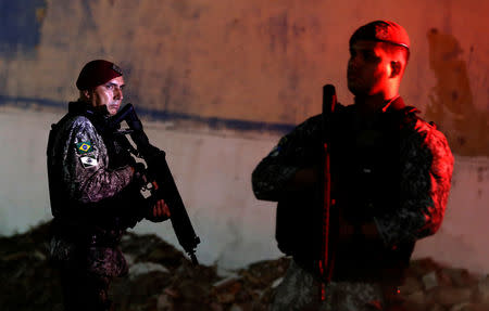 Brazilian Public-Safety National Force officers patrol the Pajucara neighborhood in Fortaleza, Brazil, January 7, 2019. REUTERS/Leonardo Benassatto