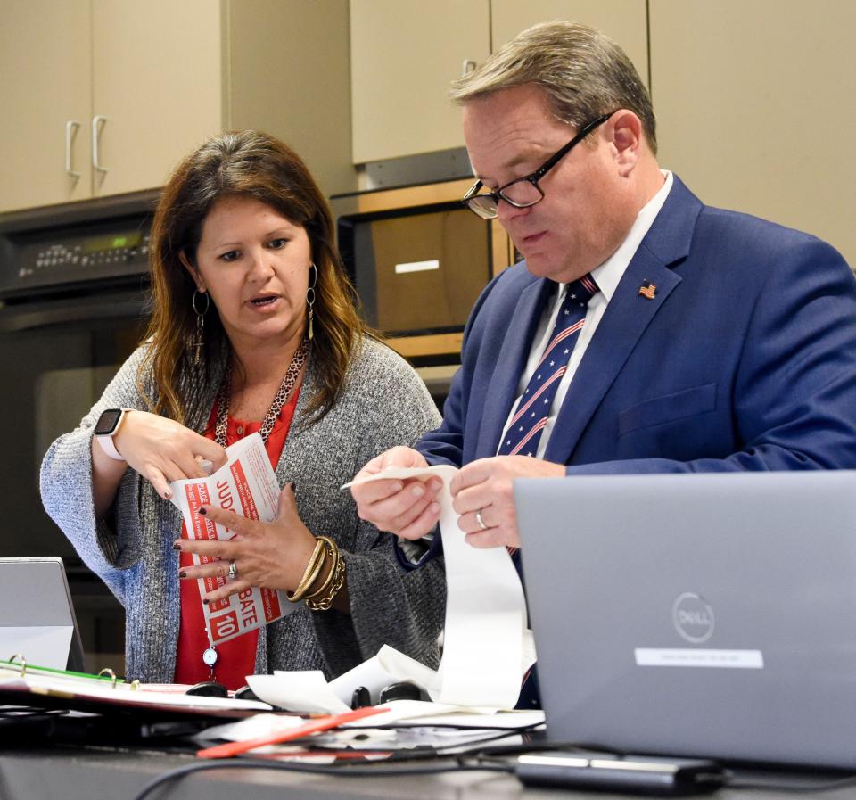 Tuscaloosa County Probate Judge Rob Robertson verifies the voting machine totals for each polling station at the Tuscaloosa County Courthouse Annex Auditorium Tuesday, Nov. 8, 2022. Tara Scott opens envelopes containing the voting machine records for each polling station.