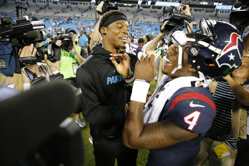 Carolina QB Cam Newton had some words of encouragement for rookie Deshaun Watson. (AP) 