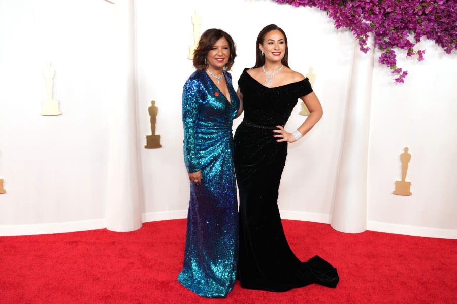 HOLLYWOOD, CALIFORNIA – MARCH 10: (L-R) Kaouther Ben Hania and Hend Sabry attend the 96th Annual Academy Awards on March 10, 2024 in Hollywood, California. (Photo by Jeff Kravitz/FilmMagic)