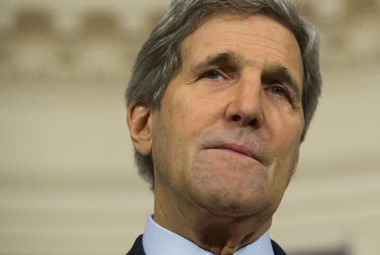 US Secretary of State John Kerry speaks to the press at the State Department in Washington, DC, February 26, 2015