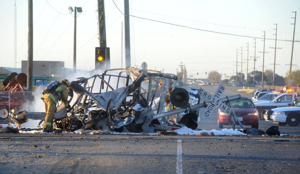 The aftermath of a collision between a Metrolink train and a truck abandoned on the railroad tracks in Oxnard, on Feb. 24, 2015. A Metrolink employee died and more than 30 passengers were injured.