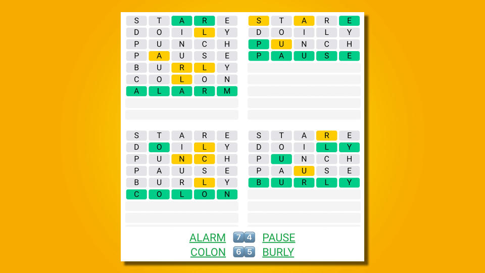 Quordle answers for game 486 on a yellow background