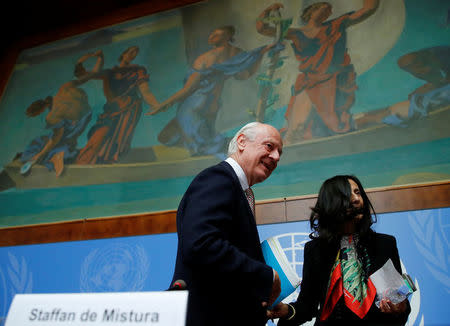 United Nations Special Envoy for Syria Staffan de Mistura leaves after a news conference after meetings during the Intra Syria talks in Geneva, Switzerland November 30, 2017. REUTERS/Denis Balibouse