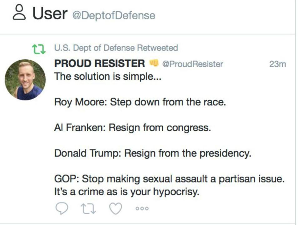 Pentagon retweets post calling on Trump to resign