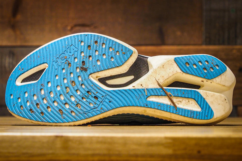 The HOKA Cielo X1 has very minimal rubber on the outsole, a nod to its race-day pedigree; (photo/Sean McCoy)