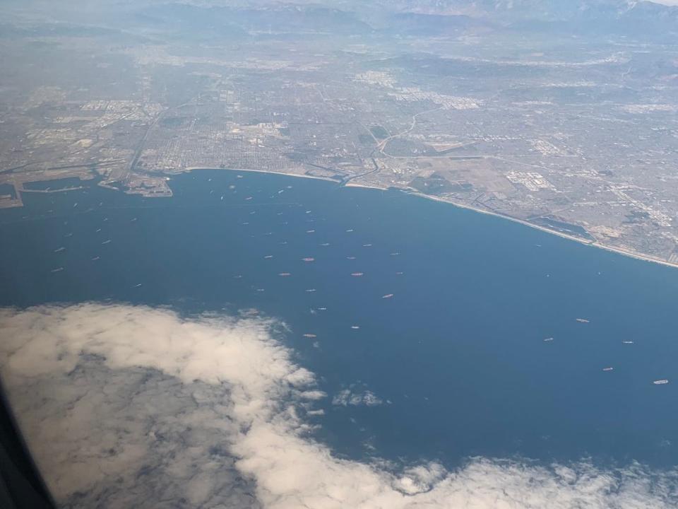 Aerial view of coast of Southern California port backlog