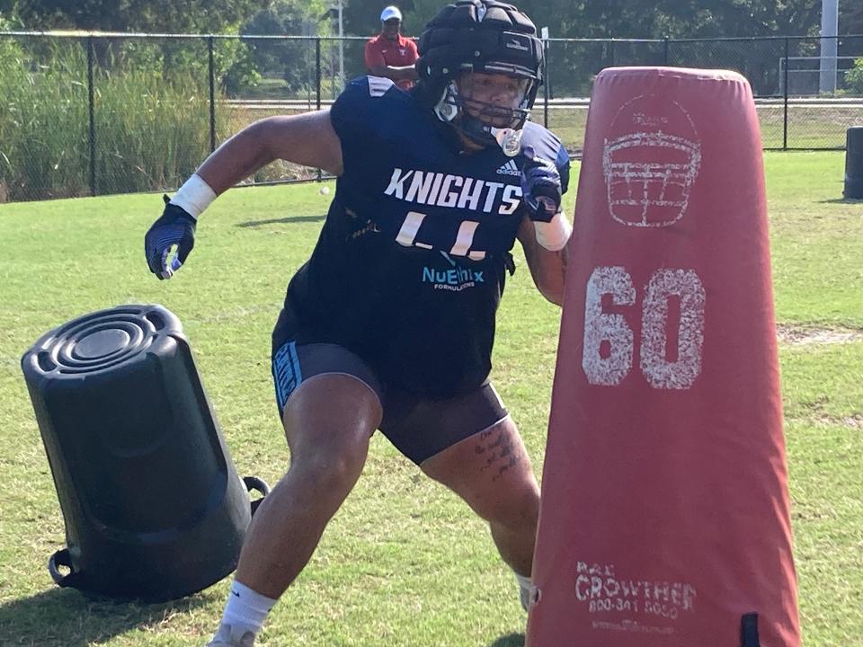Clearwater Academy International defensive lineman Sean Sevillano Jr. during practice Tuesday at McMullen Park in Largo.