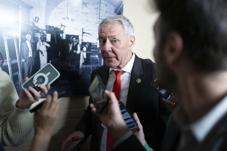 FILE - Rep. Ken Buck, R-Colo., arrives to a Republican caucus meeting, followed by reporters, Oct. 16, 2023, at the Capitol in Washington. Buck resigned from Congress, frustrated by a flank of the GOP’s unwavering devotion to former President Donald Trump. He will likely be replaced by Rep. Lauren Boebert, who won the Republican primary election in Colorado’s 4th Congressional District, Tuesday, June 25, 2024. (AP Photo/Jose Luis Magana, File)