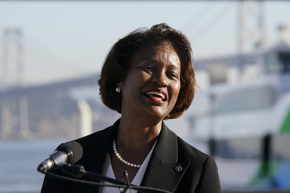 Federal Transit Administration administrator Nuria Fernandez speaks during a news conference in San Francisco, Thursday, Nov. 30, 2023. (AP Photo/Jeff Chiu)