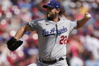 Los Angeles Dodgers starting pitcher Clayton Kershaw (22) delivers during the first inning of a baseball game against the Cincinnati Reds in Cincinnati, Sunday, Sept 19, 2021. (AP Photo/Bryan Woolston)