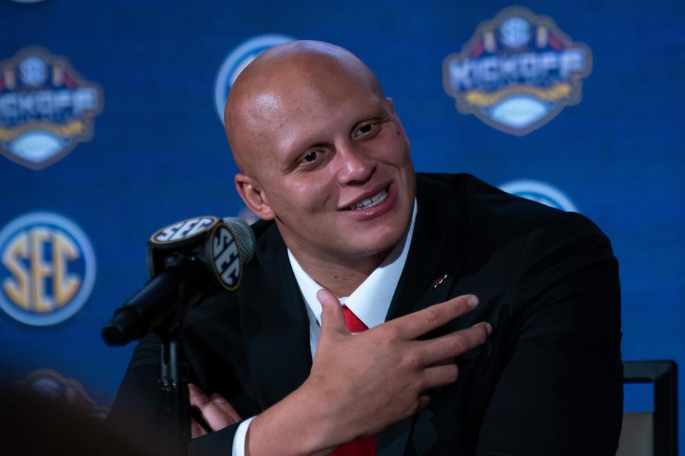 Arkansas' Landon Jackson fields questions at SEC media days in Nashville on Wednesday. Jackson has emerged as a dominant defensive end as well as an engaging off-the-field personality with NIL opportunities.