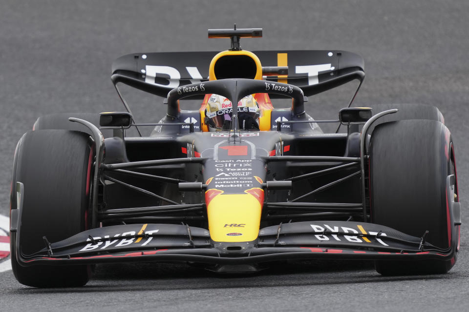 Red Bull driver Max Verstappen of the Netherlands steers his car during practice session 3 at the Japanese Formula One Grand Prix at the Suzuka Circuit in Suzuka, central Japan, Saturday, Oct. 8, 2022. (AP Photo/Toru Hanai)