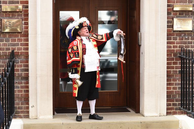 Town crier Tony Appleton announces the birth of a daughter to Catherine, Duchess of Cambridge and Prince William, outside the Lindo wing at St Mary's hospital on May 2, 2015