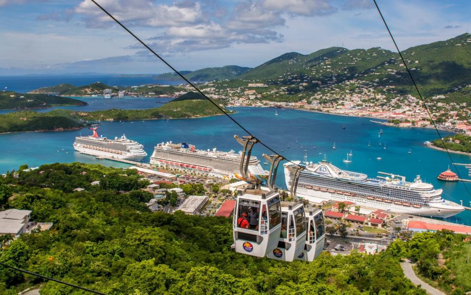 Cable cars above cruise terminal in Charlotte Amalie, St Thomas, US Virgin Islands, Caribbean