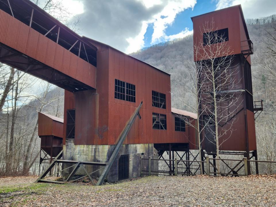 This coal tipple, where coal was sorted for loading onto trains after mining, is one of numerous structures still standing at Nuttalburg in New River Gorge.