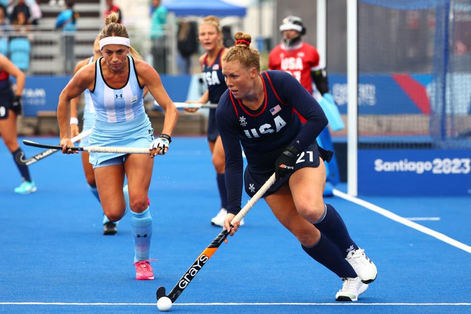 United States defender Ally Hammel, a former Duxbury High star, moves the ball against Argentina during the women's preliminary group A match of the Santiago 2023 Pan American Games held at the Cesped Hockey Sports Center on October 28, 2023 in Santiago, Chile.
