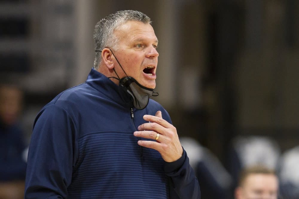 Creighton coach Greg McDermott shouts during the first half of the team’s NCAA college basketball game against Villanova, Wednesday, March 3, 2021, in Villanova, Pa. (AP Photo/Laurence Kesterson)