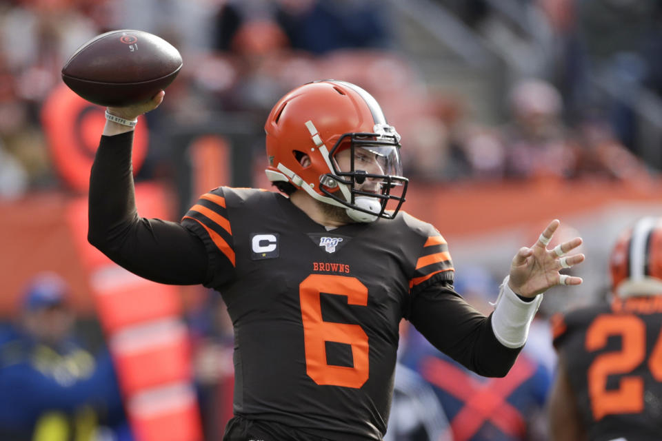 Cleveland Browns quarterback Baker Mayfield throws during the fist half of an NFL football game against the Cincinnati Bengals, Sunday, Dec. 8, 2019, in Cleveland. (AP Photo/Ron Schwane)