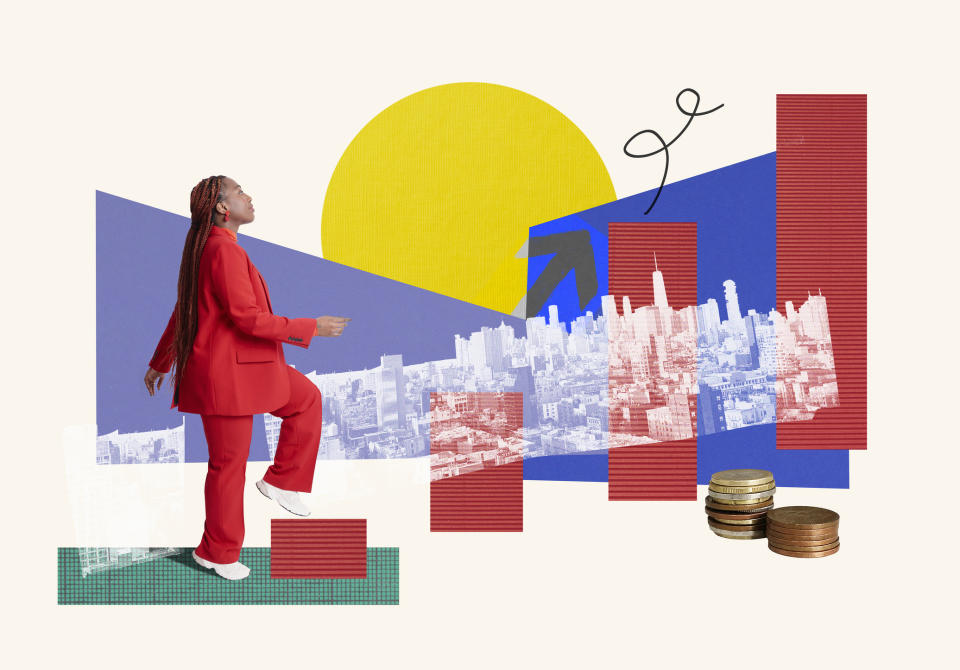 Collage of a person in a suit walking up graph steps among illustrated cityscape and financial symbols