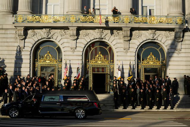 <p>AP Photo/Godofredo A. Vasquez</p> The body of Sen. Dianne Feinstein arrives at City Hall before lying in state