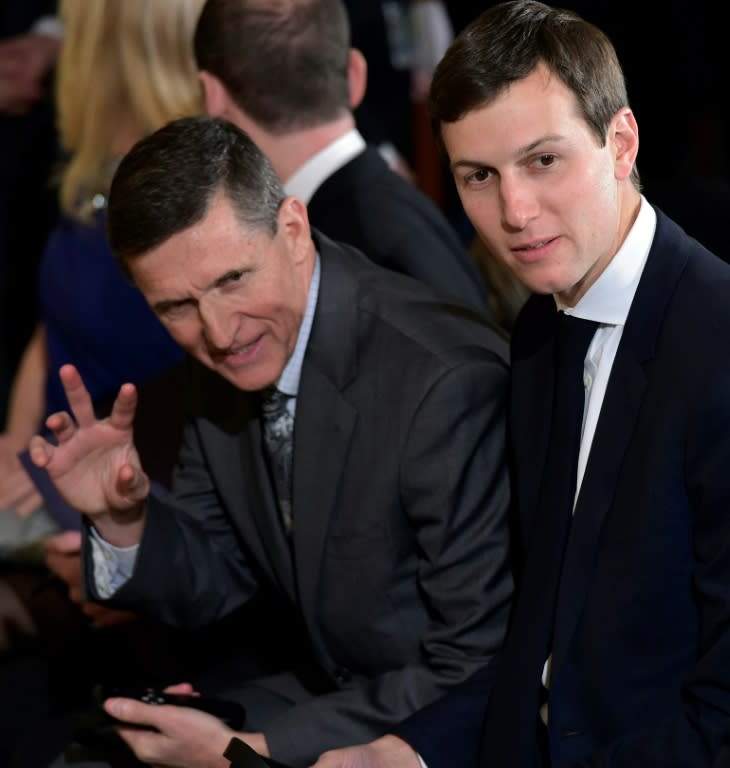 Former national security adviser Michael Flynn and Presient Trumps' son-in-law and sneior adviser Jared Kushner in February, before Flynn was forced out over his secret talks with the Russian embassy (FILES) This file photo taken on February 13, 2017 shows then National Security Advisor Michael Flynn (L) and Jared Kushner, senior White House adviser, before a joint press conference between Canada's Prime Minister Justin Trudeau and US President Donald Trump in the East Room of the White House in Washington, DC. The activities of President Donald Trump's son-in-law and senior aide Jared Kushner have come under FBI scrutiny as part of the probe of Russian interference in last year's presidential election, US media reported May 25, 2017. Although it is unclear whether Kushner is a main focus of the probe, he is under investigation for the "extent and nature" of his interaction with Russian officials, the Washington Post reported, citing people familiar with the matter