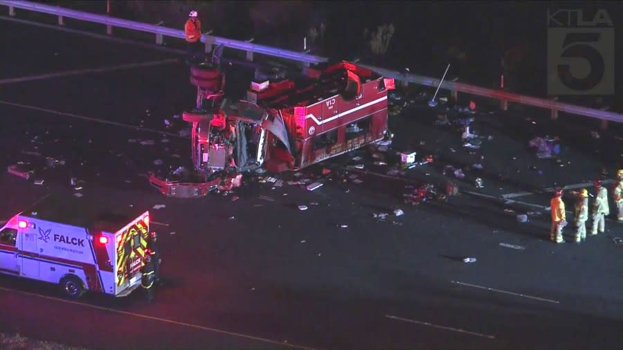 Several patients were flown to the hospital by helicopter after an Orange County Fire Department truck crashed on Freeway 241 on September 19, 2024. (KTLA)