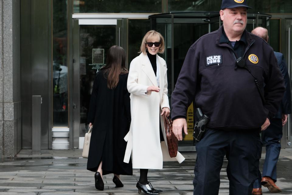 Magazine Columnist E. Jean Carroll arrives for her civil trial against former President Donald Trump at Manhattan Federal Court on May 02, 2023 in New York City. Carroll testified that she was raped by former President Trump, giving details about the alleged attack in the mid-1990s. Trump has stated that the attack never happened and has denied meeting her. He is not expected to take the stand during the trial.