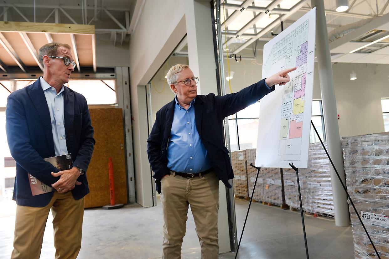 A preview tour was given of the Crescent Startup Community in Greenville on April 24, 2024. This project will provide support and space for Greenville's local entrepreneurs. Sean Hartness, CEO Hartness Real Estate, LLC, left, and Peter Marsh, co-founder Flywheel talk about the project.