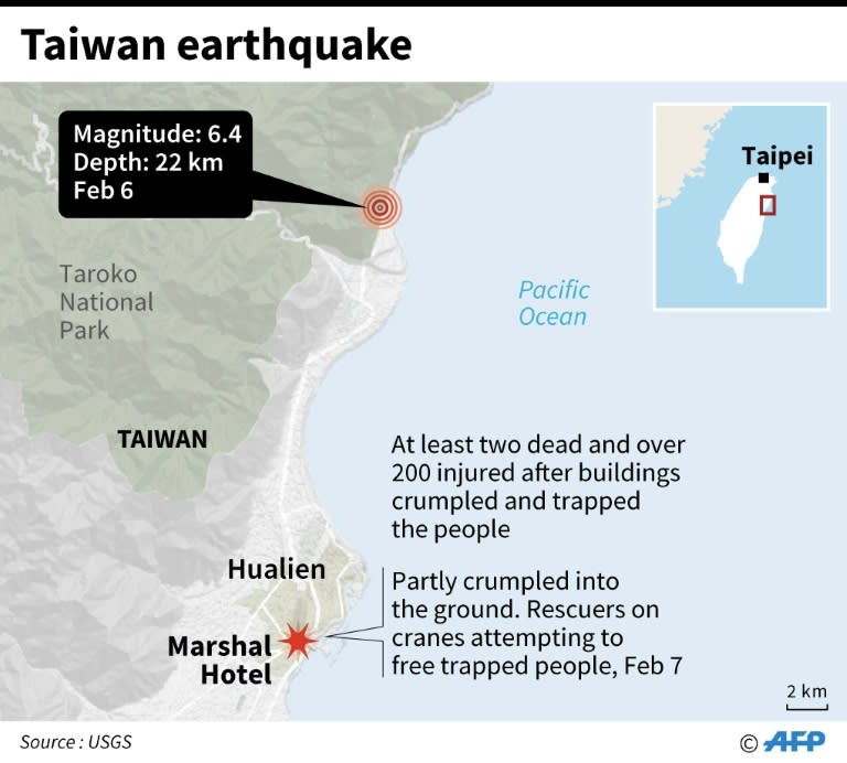 Map showing epicentre of quake in Taiwan and damages