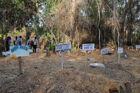 Nameplates are seen at a cemetery for victims of Ebola virus in Suakoko, Liberia, March 11, 2015. REUTERS/James Giahyue