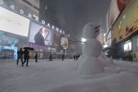 A snowman is pictured in Times Square in the Manhattan borough of New York, January 23, 2016. REUTERS/Carlo Allegri
