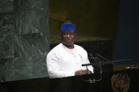 Sierra Leone's President Julius Maada Bio speaks during the United Nations General Assembly at United Nations headquarters Thursday, Sept. 26, 2019. (AP Photo/Kevin Hagen)