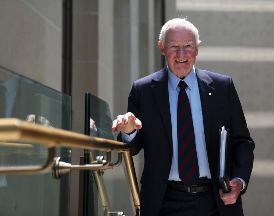 Independent Special Rapporteur on Foreign Interference David Johnston arrives to present his first report in Ottawa, Ontario, on Tuesday, May 23, 2023. Johnston rejected holding a public inquiry into leaked intelligence that alleged China interfered in Canada’s federal elections, drawing allegations of a cover-up from the Conservative opposition. (Sean Kilpatrick/The Canadian Press via AP)