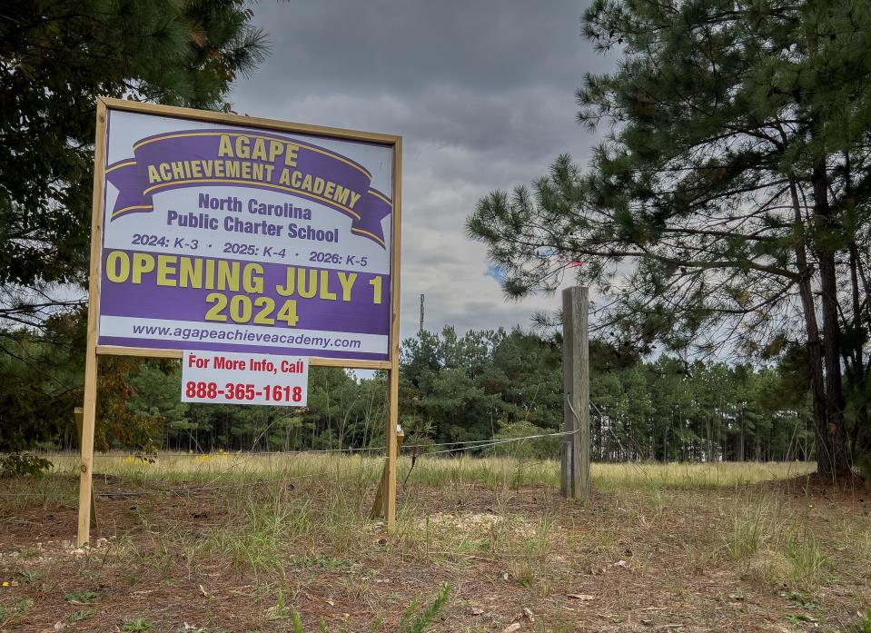 This sign on Rosehill Road on Monday, Oct. 16, 2023, shows where the new Agape Achievement Academy will be built. Agape will be a public charter school, and plans are for it to open in fall 2024