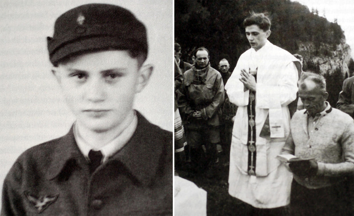 Joseph Ratzinger as a German Air Force assistant in 1943 and as a young priest in southern Germany, 1952.  (Getty Images file)